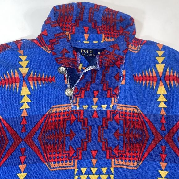 Ralph Lauren Polo Blue Red Aztec Shawl Sweater Snow Beach Stadium Size Medium - Picture 6 of 13